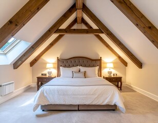 Cozy attic bedroom with exposed wooden beams, a comfortable bed, and warm lighting, creating a relaxing and inviting ambiance.
