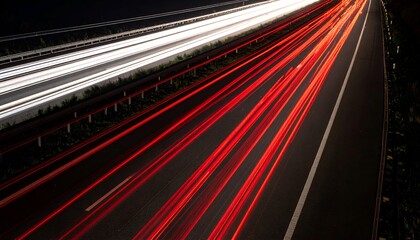 Dynamic night highway scene with vibrant red and white light trails from long exposure traffic. Concept of speed, movement, and modern urban transportation.