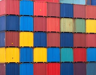 Vibrant stack of multicolored shipping containers, symbolizing global trade, logistics, and supply chain. An abstract, full-frame industrial background.