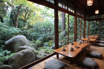 Japanese-style teahouse with garden views