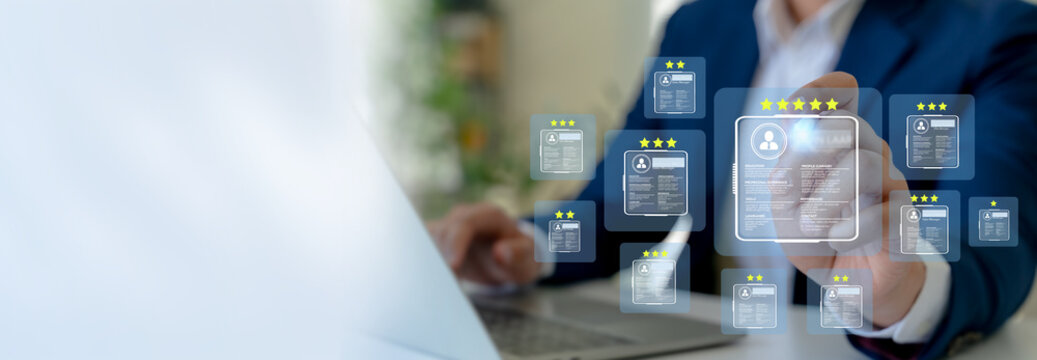 Recruitment and Resume Evaluation. Using a computer with floating digital resumes rated by stars, symbolizing modern recruitment, candidate assessment and performance-based hiring decisions.