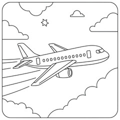 Airplane Coloring Page Featuring a Passenger Jet Flying Through Clouds with Decorative Stars and Sun in a Simple Black and White Line Art Style for Kids