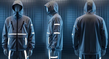Reflective techwear jacket and pants mockup for cycling or safety, three-angle view.