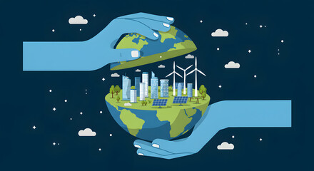 illustration of a sustainable city protected inside a globe