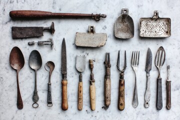 Vintage kitchen utensils arranged on a light gray surface