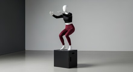 Female mannequin performing a box jump exercise in a minimalist gym.