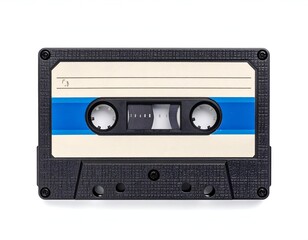 Close-up of a vintage black audio cassette tape with a cream and blue label, isolated on a white background. Perfect for retro music, technology, and nostalgia themes.