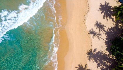 Naklejka premium Aerial view of stunning tropical beach with turquoise ocean waves crashing on golden sand, vibrant palm tree shadows creating a serene natural pattern.