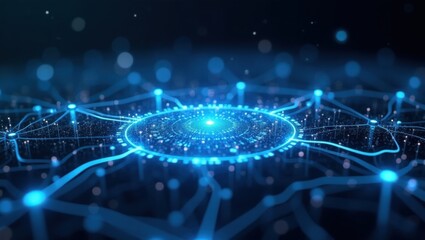 Abstract digital network connecting glowing blue nodes and circuits in a futuristic technology concept