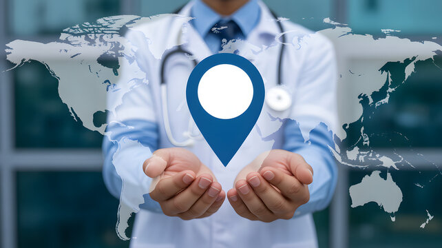 Global healthcare access with doctor holding location pin and world map overlayed for medical tourism themes