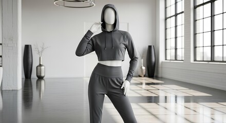 Mannequin in a grey cropped hoodie and joggers athleisure set in a loft.