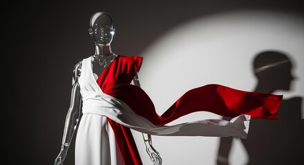 Futuristic mannequin in a red and white avant-garde gown representing Indonesia.