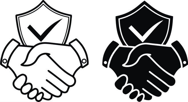 Trust Icons. Black and White Vector Illustrations. Handshake and Shield. Faith in Honesty, Decency, and Good Intentions of Another Person. Influencer Concept
