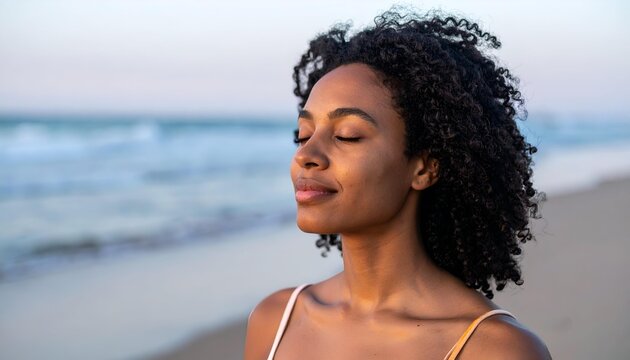 Serene young woman with eyes closed, experiencing peace and mindfulness by the ocean at sunset.