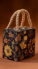A triangular wooden bag with a twine handle, decorated in black and brown