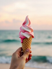 Enjoying a refreshing ice cream cone at sunset beach food photography relaxing atmosphere coastal perspective