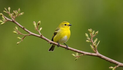 Yellow bird perched on a branch nature scene close-up green background wildlife photography