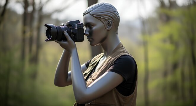 Mannequin photographer with a DSLR camera taking pictures in a forest. - Powered by Adobe