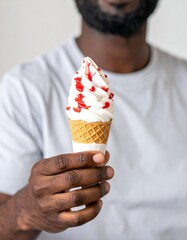 Close-up of a person holding a delicious soft-serve ice cream cone with strawberry syrup, against a simple background.