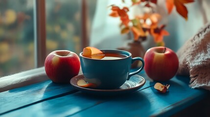 Two cups of hot apple cider on blue table with fresh apples