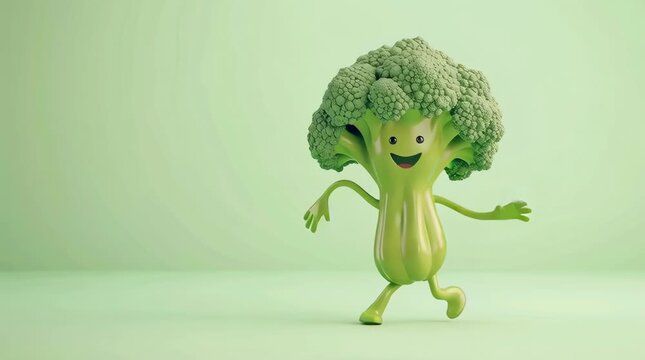 Happy Cartoon Broccoli Waving on Green Background &ndash; Fun Vegetable Character.