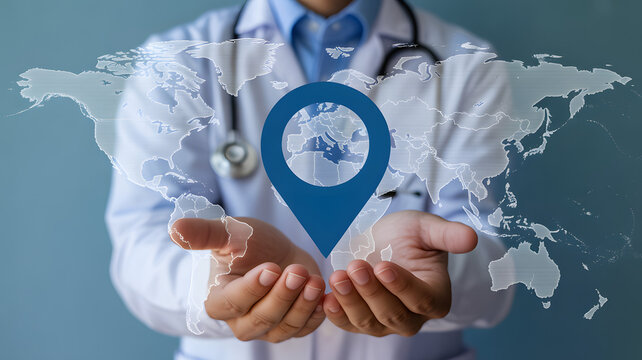 Doctor offers global healthcare solutions with world map and location pin in hands for international medicine