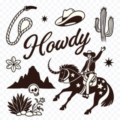 Vintage Western Cowboy Design Featuring Rider Lasso Cactus Skull and More Americana Elements