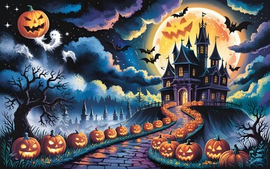 Spooky halloween castle scene with jack o lanterns and bats under a full moon