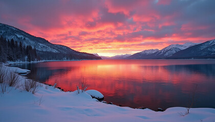 Winter Mountain Lake Landscape with Red Sunset Reflected on the Water, Showcasing Majestic Nature, Snow Scenery, and Evening Glow.