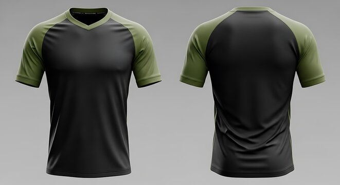 Front and back view of a modern, short-sleeved raglan t-shirt with a dark grey body and olive green sleeves.