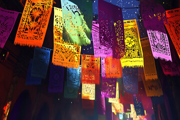 Vibrant papel picado banners illuminate a festive celebration
