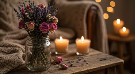 Cozy Home Decor with Dried Flowers and Candles in a Warm Atmospheric Setting