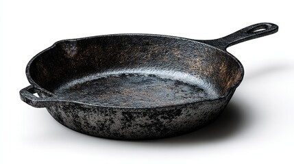 Rusty cast iron skillet angled on white background