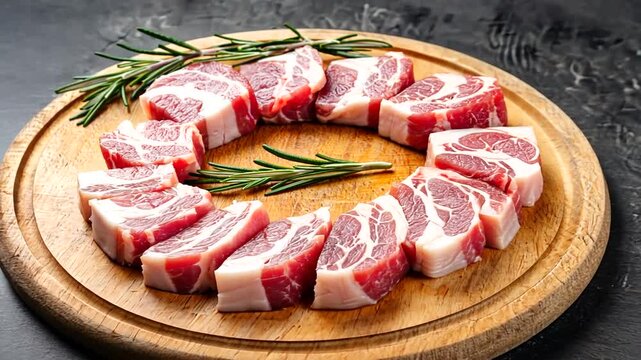 Freshly cut pork chops arranged in a circular pattern on a wooden cutting board with rosemary