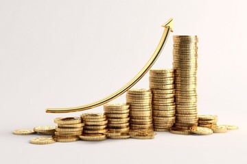 Golden coins stacked with a rising arrow show financial growth concept.