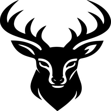 A black-and-white silhouette of a deer&rsquo;s head, designed with bold graphic symmetry. The deer features multiple-point antlers and sharply defined facial details, including the eyes, nose, ears, and muz