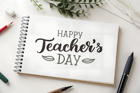Happy Teacher's Day Message on a Notebook with Pens and Greenery, Creative Greeting Design for Teacher Appreciation and Celebration