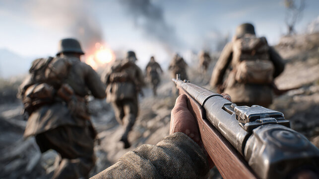a pair of hands hold a rifle. In the background, the backs of several soldiers are charging forward