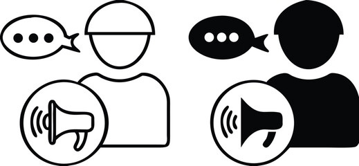 Storytelling Icons. Black and White Vector Illustrations. Man in Hat Telling Story and Megaphone. Marketing Technique. Influencer Concept
