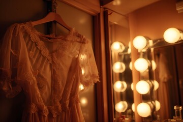 Delicate vintage dresses hang in a retro Hollywood dressing room, bathed in warm golden light. A mirror with a soft, round light bulb is nearby