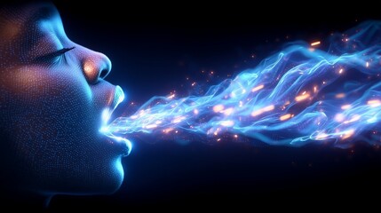 Abstract concept of human-AI symbiosis. A futuristic digital silhouette merges with glowing neural networks, visualizing a new form of consciousness.