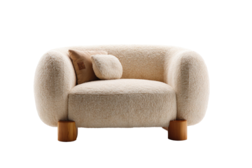 Cream-colored, rounded, plush sofa with light-brown wooden legs.  A small, matching accent cushion is positioned on the seating area