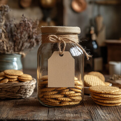 Obraz premium Jar of cookies with tag attached.