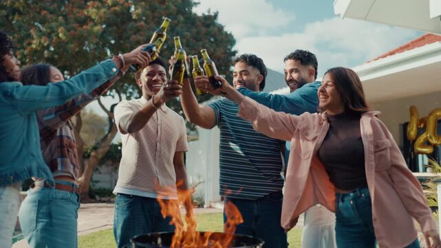 Cheers, beer and friends at outdoor barbecue for new years party, celebration or event in backyard. Happy, bonding and group of people with alcohol beverage for toast together by fire for grill.