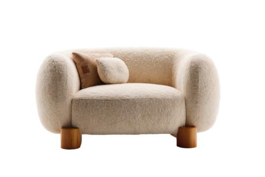 Cream-colored, rounded, plush sofa with light-brown wooden legs.  A small, matching accent cushion is positioned on the seating area