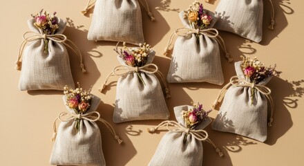 Decorative Fabric Pouches with Dried Flowers Arranged Aesthetically on Soft Background for Gifts or Home Decor