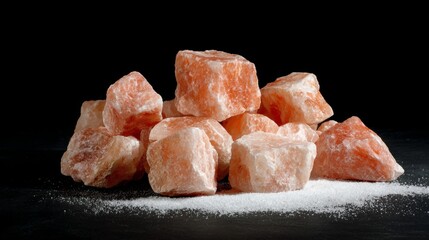 Close-up view of large Himalayan salt crystal stones arranged as natural decoration on black background surface. Abstract wellness and mineral texture concept for spa, therapy, balance, organic theme