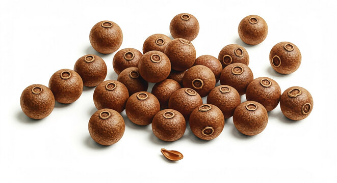 Scattered heap of aromatic whole dried allspice berries, a versatile pimento spice for culinary cooking, isolated on a white studio background.