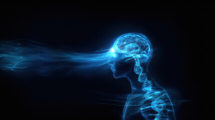 futuristic blue neon illustration of a human head in profile, glowing brain with electric neural connections, brainwaves and DNA helix