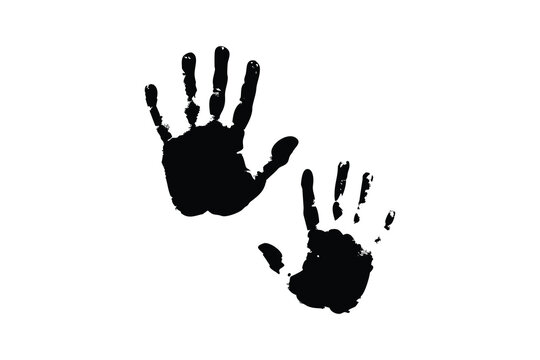 Two black handprint silhouettes with a rough texture isolated on a clean white background representing childhood memories and family connections isolated on white background